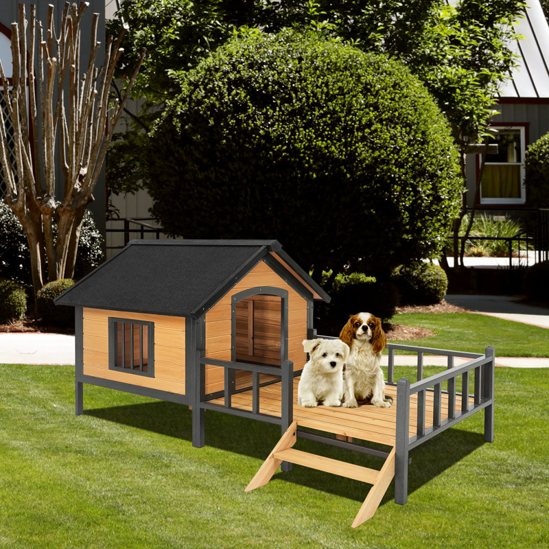 Niche pour chien avec toit en surplomb imperméable et terrasse en métal confortable