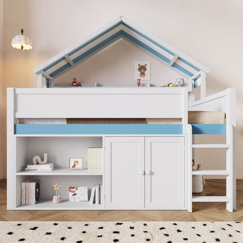 Full Size Loft Bed with Canopy Roof and Storage Cabinet, White and Blue, White/Blue