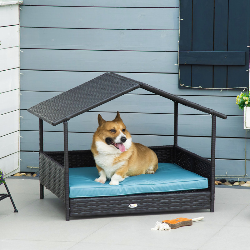 Lit pour chien Pe avec structure surélevée, coussin amovible et coussin de pavillon Blue Pleasure, pour l'intérieur et l'extérieur