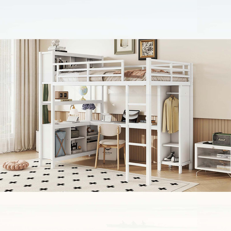 Lit mezzanine en métal pleine grandeur avec armoire, bureau en L et rangements, pour un gain d'espace et une utilisation multifonctionnelle