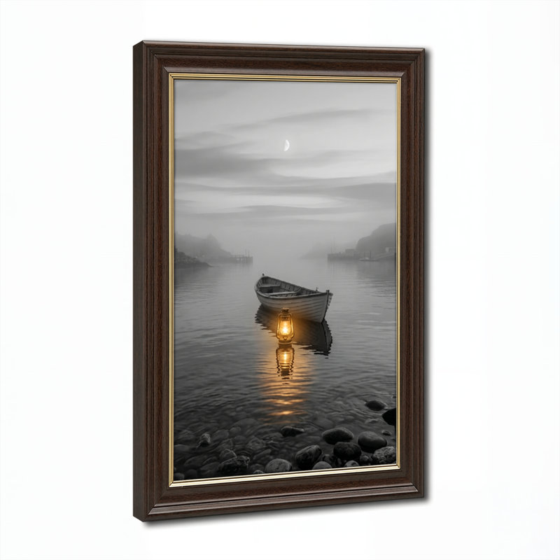 Art mural antique sur toile encadré doré pour le salon, la chambre à coucher, le bureau ou le vestibule - décoration murale décorative avec bateau au clair de lune