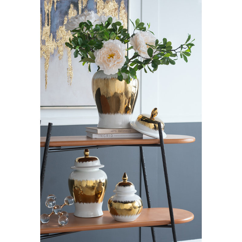 Ginger Jar - Gold/White, 14.2" H x 8.3" W x 8.3" D