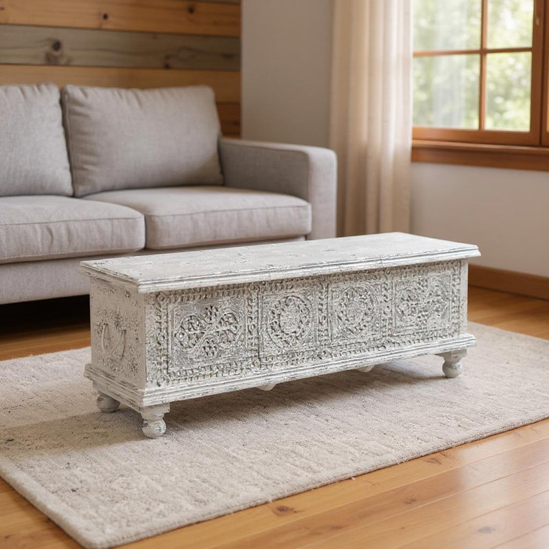 Repose-pieds 54 po avec rangement médaillon en bois massif blanc