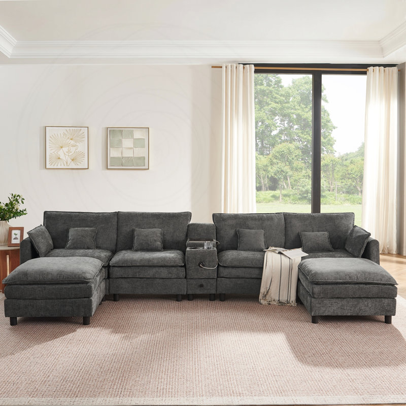 Canapé modulaire en L avec port USB et tiroir de rangement, Tissu gris foncé