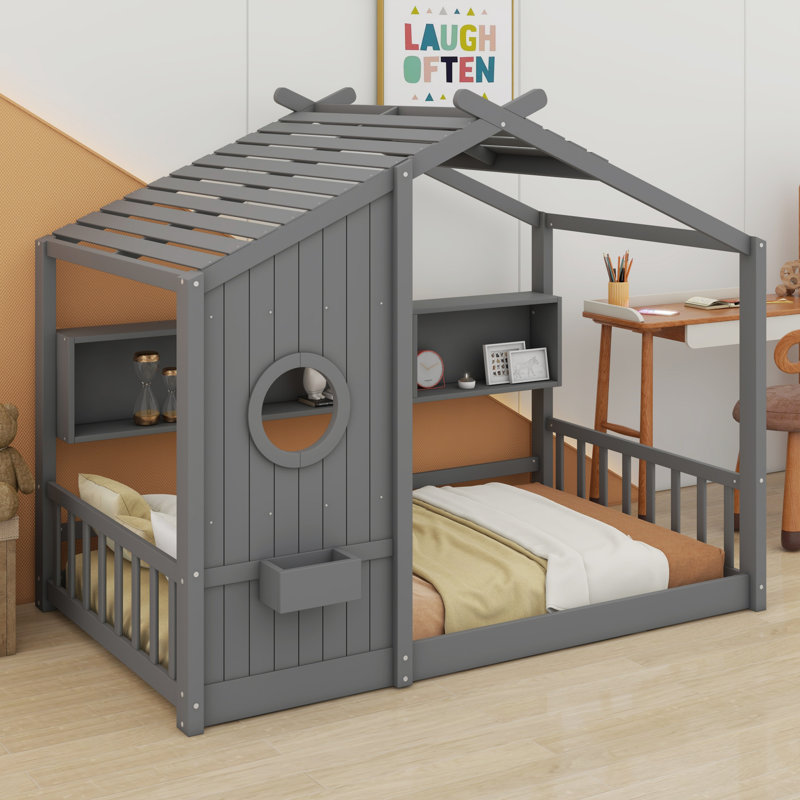 Lit sur pied avec tablette de rangement, gris, Lit simple