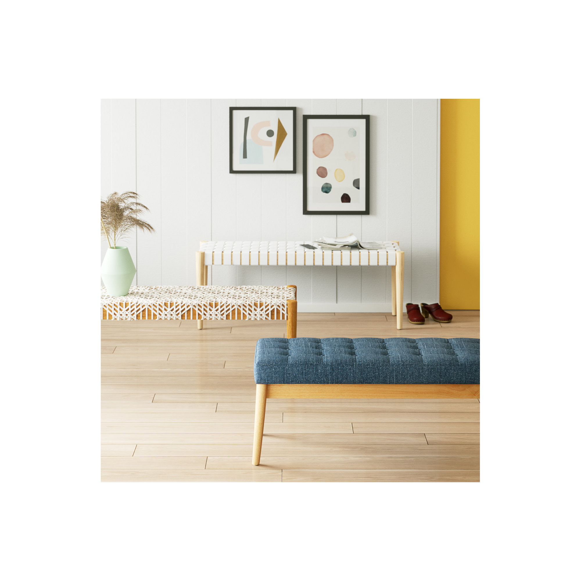 Orin 47" Woven Leather Bench, White