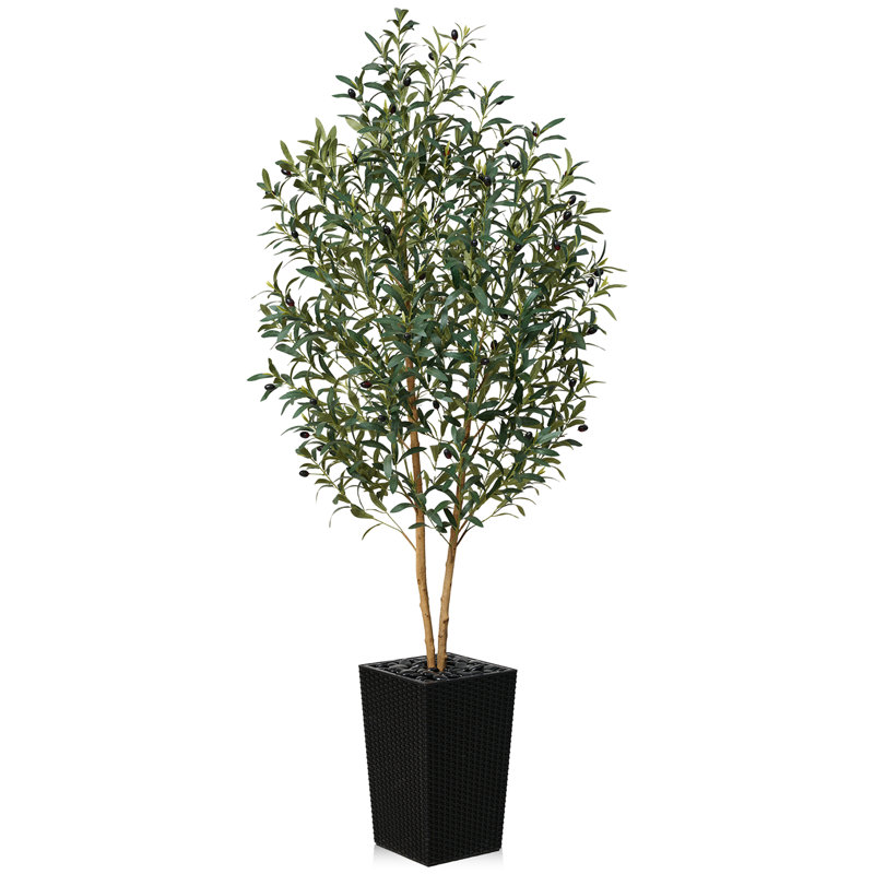 Faux olivier George avec protection UV, 2 troncs naturels, grand olivier décoratif en pot, Noir, H 72 po x l 24 po x P 24 po