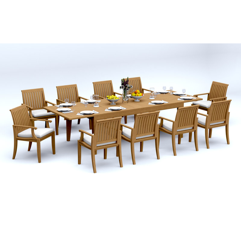 12 Seats 13 Pcs Grade-A Teak Wood Dining Set: 122" Caranas Double Extension Rectangle Table And 12 Lagos Arm Chairs #11LG2912