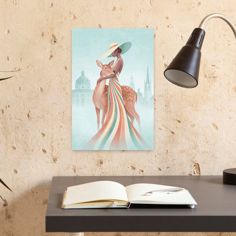 «Elegant Woman Deer Embrace», impression élégante de cerf serein éthéré, 18" H x 12" W