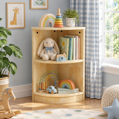 Rangez des livres et des jouets dans ce meuble d'angle à deux niveaux de style Montessori, fait de bois d'hévéa, conçu pour les garderies, les classes de maternelle, les salles de jeux et les chambres d'enfants.