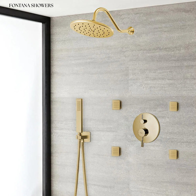 Bravat Brushed Gold Wall Mounted Shower Set with Valve Mixer 3-Way Concealed (FS1079)