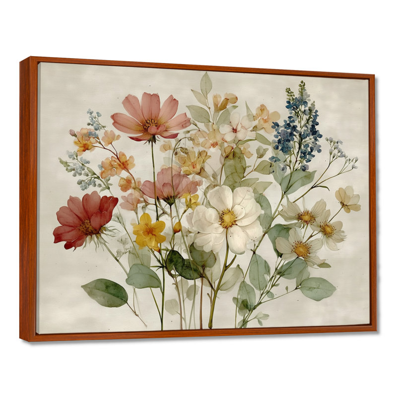 Bouquet de fleurs de campagne rétro - décoration murale, fleurs vertes encadrées, H 16 po x l 32 po, Cadre flottant, Brun