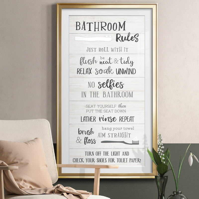 "Bathroom Rules" - Art textuel avec cadre photo, Doré, H 10,5 po x l 18,5 po x P 1,5 po