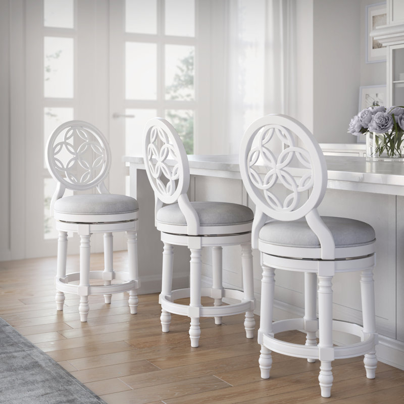 Tabouret de bar à hauteur de comptoir en bois blanc de 26 po, dossier haut, siège rond rembourré pivotant, retour automatique à 180 degrés, pieds tournés rembourrés avec anneau en métal pour repose-pieds, siège de poids de 48,19 lb