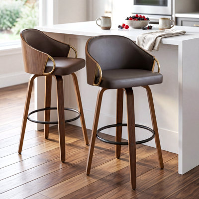 Ensemble de 2 tabourets de bar pivotants avec revêtement en polyuréthane et pieds en bois Mahtab