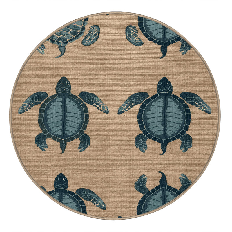 Washable Sea turtles Nautical Area Rug, Round 4'