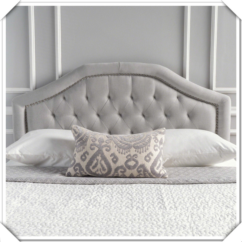 Tufted Upholstered Headboard With Metal Legs Nailhead Trim,Queen, Light Gray