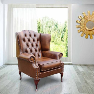 Upholstered Full Grain Leather Wingback Chair