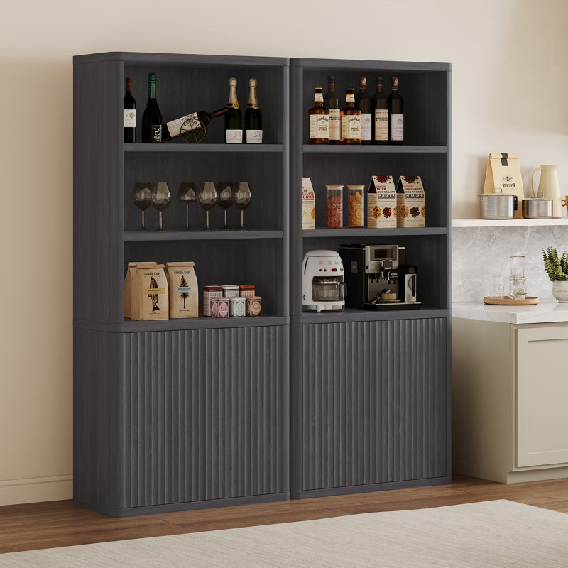 Cesiro 6-Tier Bookcase With 2 Fluted Doors And Adjustable Shelves, Dark Gray Alder