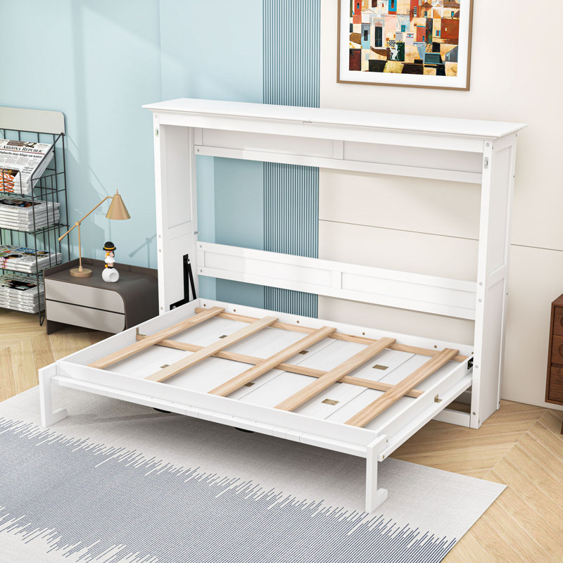 Armoire murale Murphy avec lattes et pieds, Lit double, Blanc