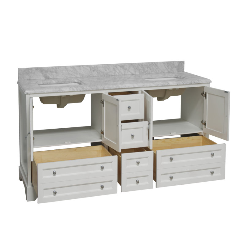 Meuble-lavabo double 72 po avec armoire blanche et comptoir en marbre de Carrare Ariel, Blanc