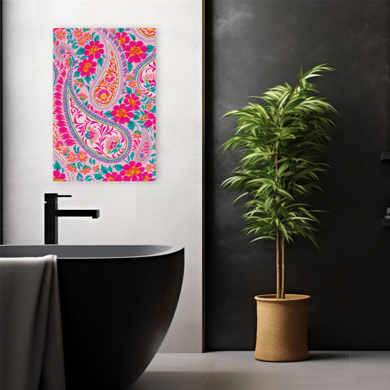 Paisley vif - motif floral moderne à motif cachemire complexe de fleurs roses et oranges, H 24 po x l 16 po