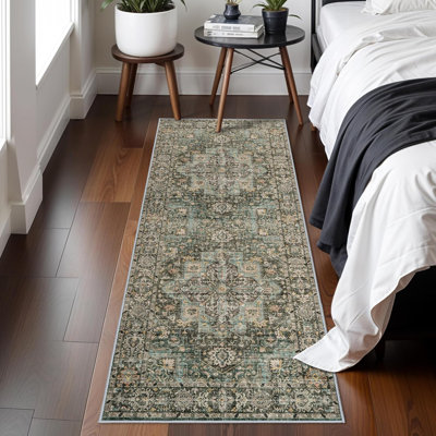 Green Washable Runners for Hallways: Kitchen Runner Rugs with Rubber Backing Non Slip Vintage Boho Long Carpet for Living Room Bedroom Bathroom Entryway (Green)