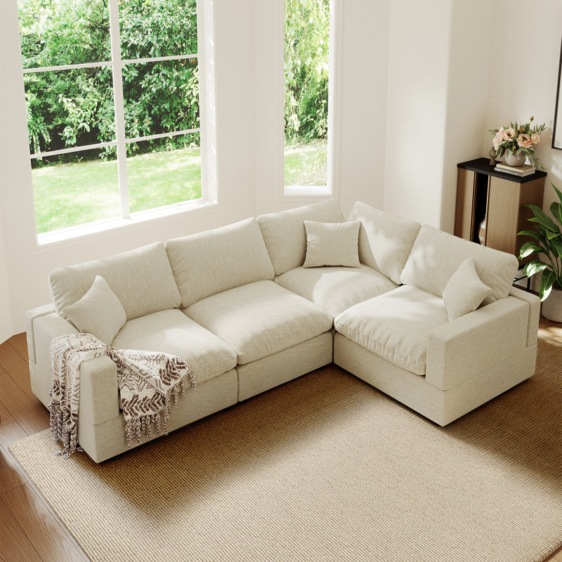 Upholstered Cloud Couch, Modular Sectional Sofa L-shaped Couch for Living Room Bedroom, Beige