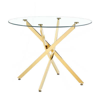 Table ronde en verre trempé transparent de style moderne minimaliste, plateau de table en verre trempé, pieds de table en métal, convient à la cuisine, à la salle à manger et au salon, convient à la plupart des décors.