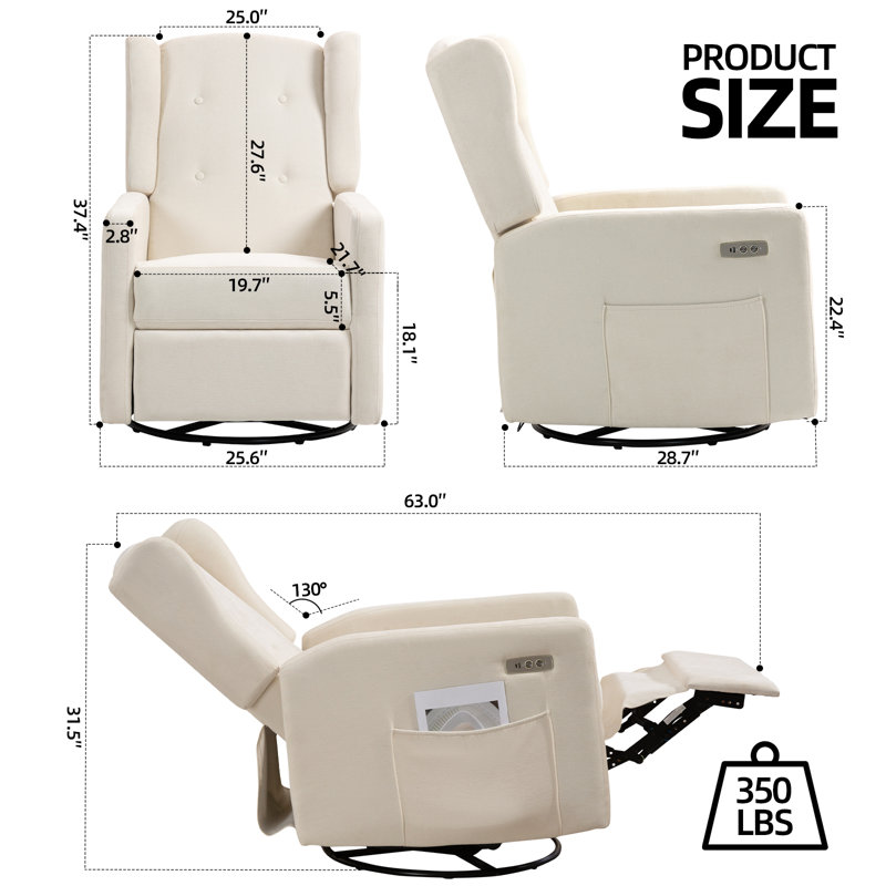 Fauteuil inclinable oscillant électrique de 25,6 po avec ports USB et ports de type C, Beige