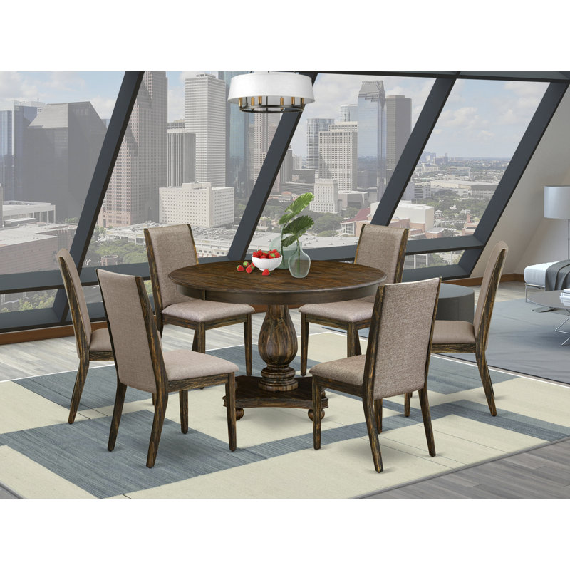 7 Piece Dining Table Set Consist of a Round Dining Room Table with Pedestal and 6 Dark Khaki Linen Fabric Upholstered Chairs, Distressed Jacobean