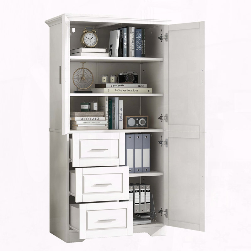Armoire de rangement haute et large avec trois tiroirs et trois portes
