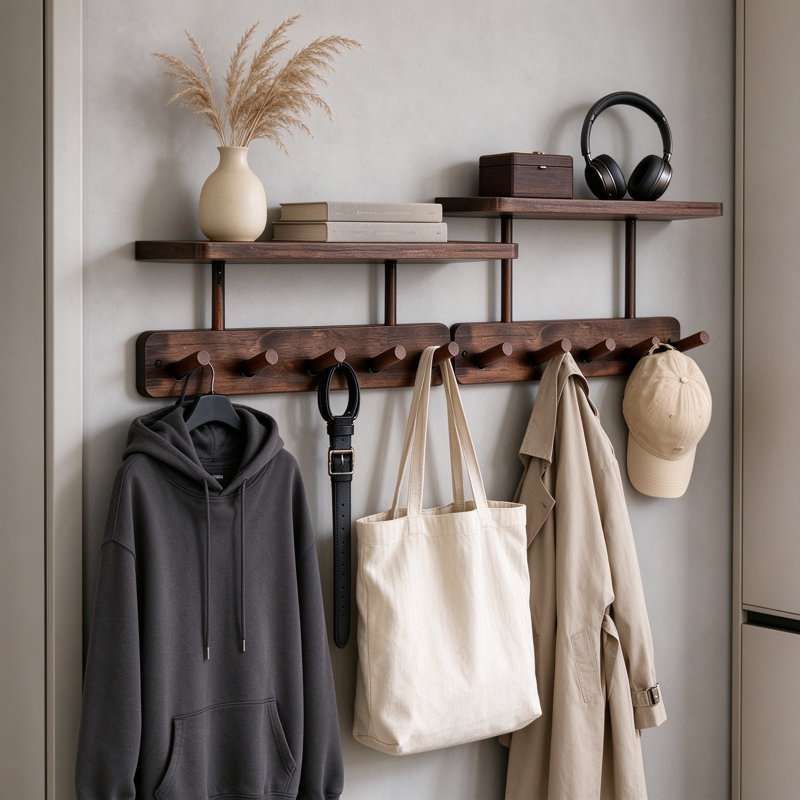 Wall Mount Coat Rack with Shelf, 2 Pack 15.7in Each, 10 Wooden Hooks, Adhesive or Drilling Install, for Clothes Towels Keys Bags
