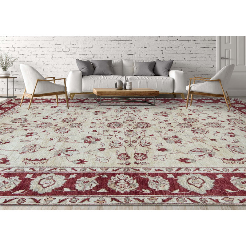 Tapis ivoire et rouge noué à la main de haute qualité