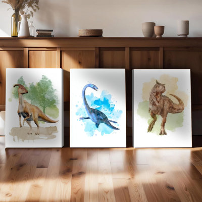 Ensemble de 3 affiches murales encadrées, aquarelles de dinosaures (T-Rex, Brachiosaurus, Parasaurolophus) aux couleurs vives, pour la décoration de chambre d'enfant, de crèche ou de salle de jeux. Décoration moderne pour la maison, les chambres de garçons et de filles.