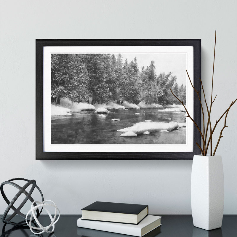 Winter Forest and Lake - Picture Frame Painting, 27cm H x 36cm W x 2cm D, Black Framed