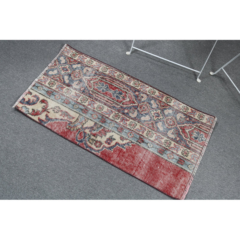 Antique Handmade Turkish Rug with Decorative Bohemian Design in Vibrant Red and Blue Hues