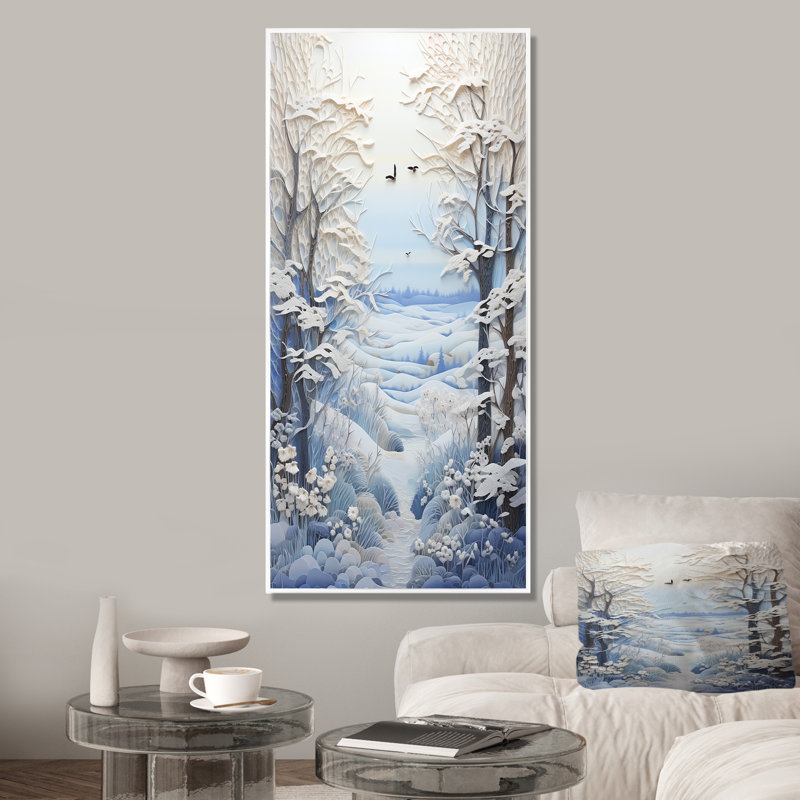 «White Winter Landscape Collage II», art mural paysage d'hiver, Cadre flottant blanc, 60" H x 28" W