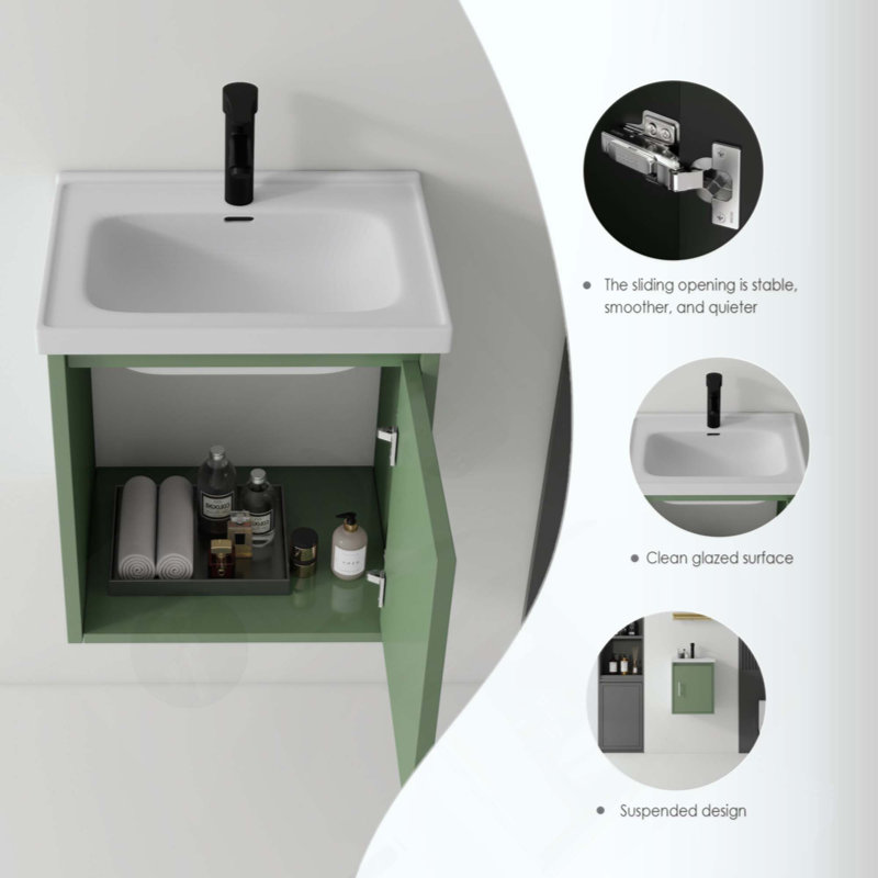 Meuble-lavabo flottant 16 po avec lavabo, porte à fermeture en douceur, lavabo en céramique, contreplaqué, Green
