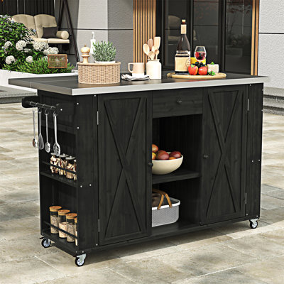 Îlot de cuisine extérieur en bois de sapin avec plateau en acier inoxydable