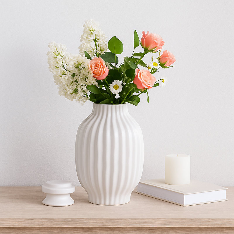 Modern Ceramic Ribbed Jar with Removeable Lid for Home Decor – Versatile Accent Decor Perfect for Table Decor and Flower Vase Centerpiece – White