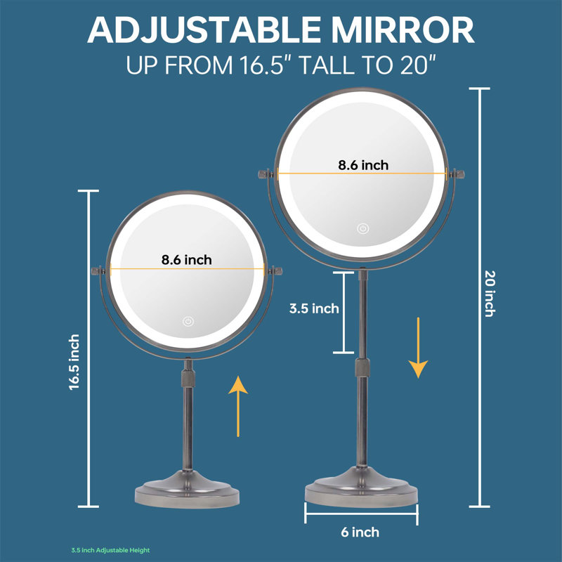 Miroir de maquillage lumineux 9 "avec DEL rechargeable 5000Mah, hauteur réglable, gris foncé