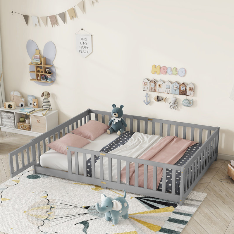 Kolia Full Rubberwood Platforms Bed With Fence and Door, Gray