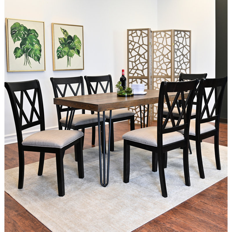 7 tables à manger, table en épingle à cheveux avec 6 chaises, plateau en bois d'ingénierie, base en métal, structure et chaises en bois d'hévéa massif, plateau, robuste