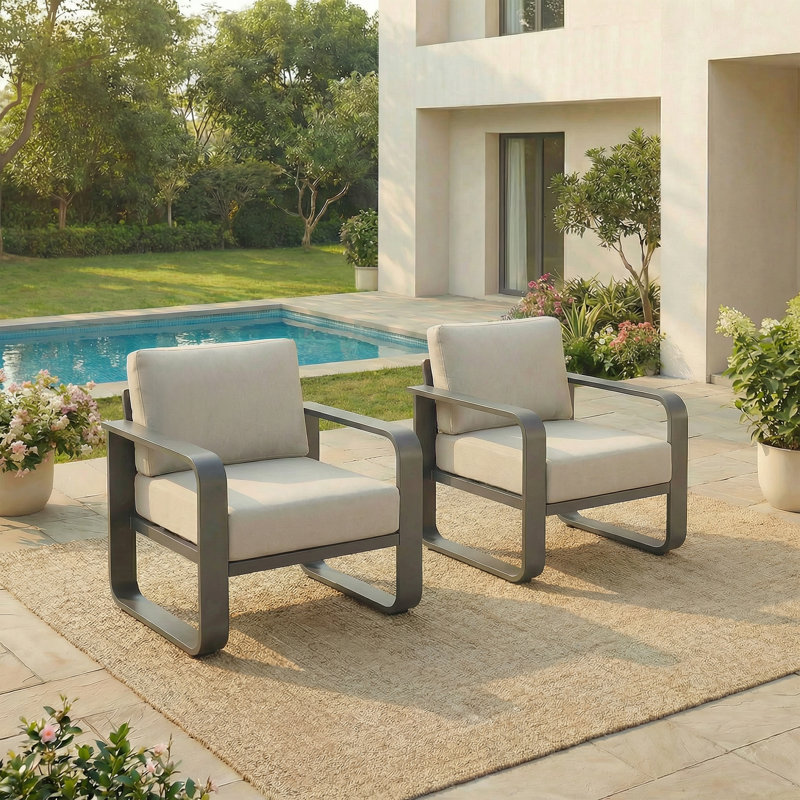 Outdoor Aluminum Club Chair With Cushions, Light Gray Cushion/Black Frame