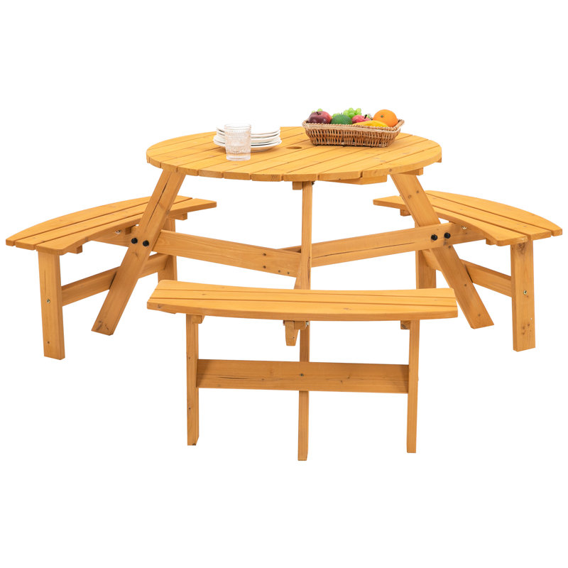 6 Outdoor Picnic Table In Wooden Material - 35" Round Tabletop For Patio, Backyard, Garden, Natural Look Garden Large Tabletop, 3 Benches, 1720Lb Capacity, Water-