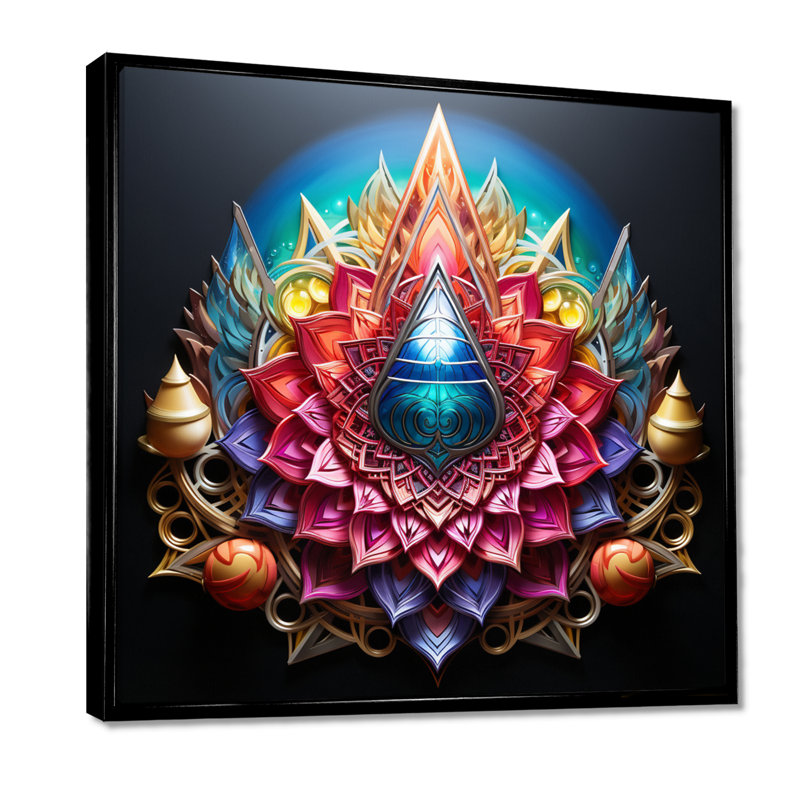 Art géométrique cosmique arc-en-ciel - mandala boho, H 16 po x l 16 po, Cadre flottant noir