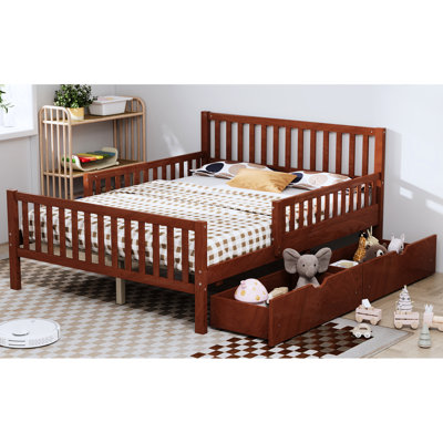 Walnut Full - Size Wood Platform Bed Featuring Guardrails And Two Drawers For Bedroom Storage, Smooth Finish, 8 Slats Stability With Both Side Storage Drawers, Strong Plywood, Comfortable Secure Sleep