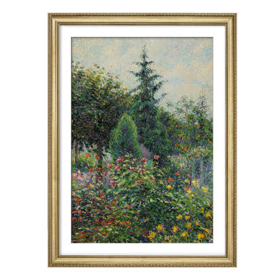 Scène florale vibrante de paysage de jardin avec verdure luxuriante, décoration murale encadrée or