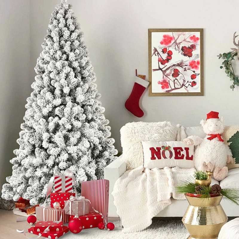 Arbre de Noël illuminé 7 pi avec 400 lumières blanc chaud UL, 1072 pointes en PVC, fil à mémoire dépliable, assemblage facile et support en métal stable - décor des Fêtes enneigé